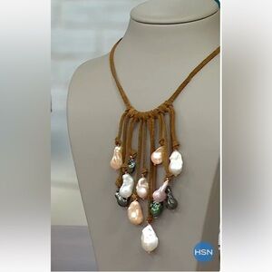 Rarities Carol Brodie Baroque Pearl Suede Waterfall Bolo Necklace Multi Color
